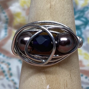 Purple Pearls & Midnight Silver Wire Ring ~ 9