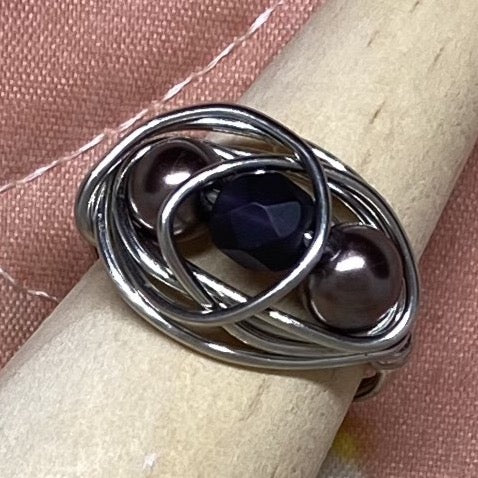 Purple Pearls & Midnight Silver Wire Ring ~ 9