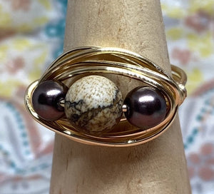 Earthy with Pearls Gold Wire Ring ~8.5