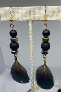 Black Feathered & Beaded Earrings