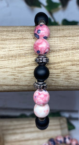 Matte Black and Pink Floral Stretch Bracelets