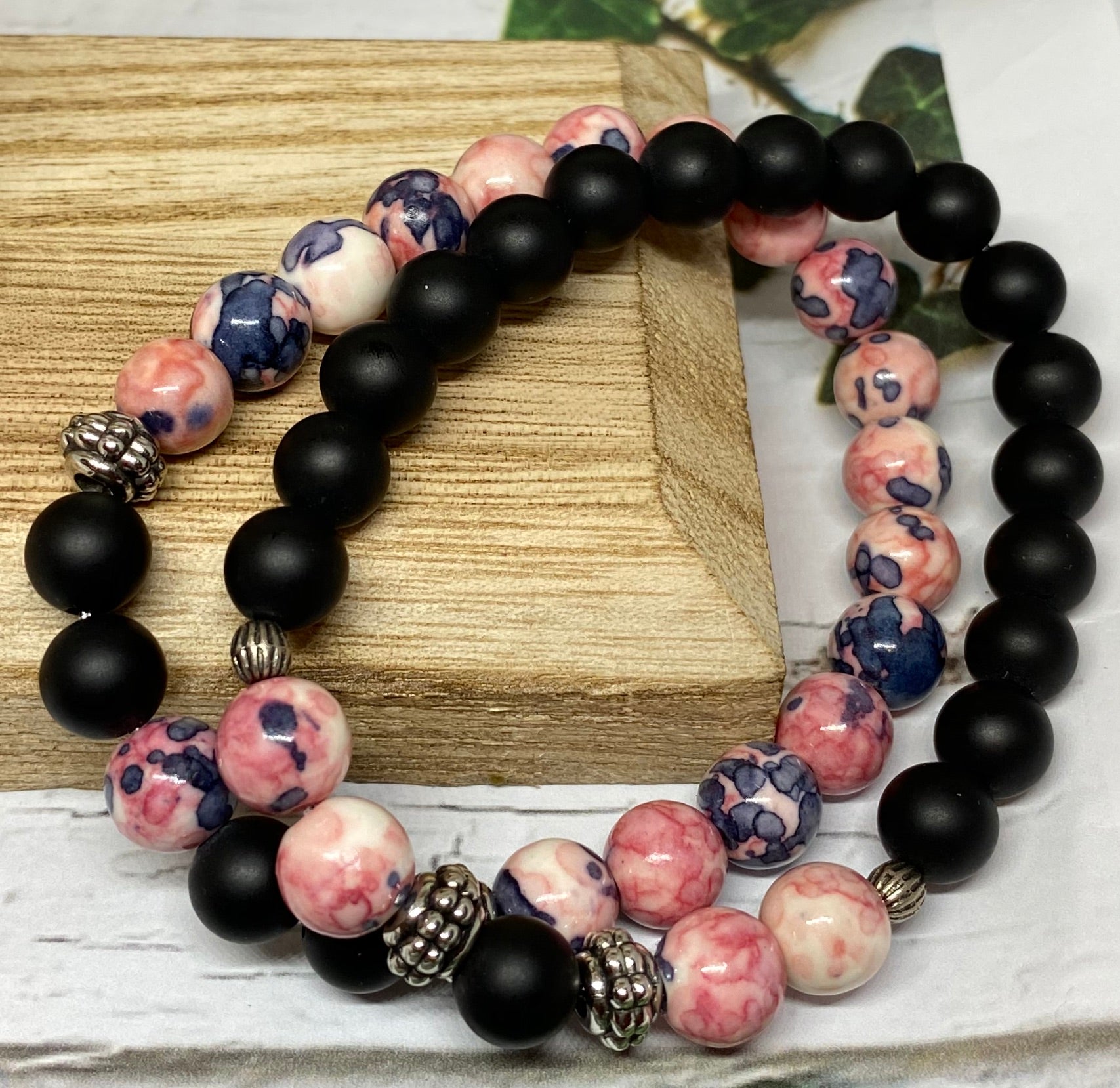 Matte Black and Pink Floral Stretch Bracelets