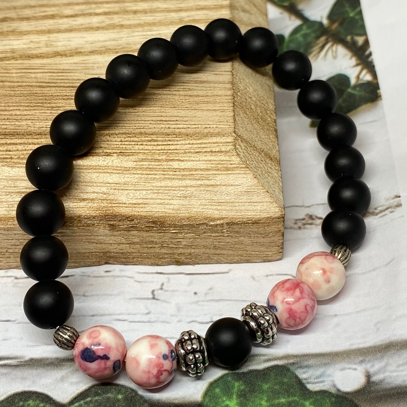 Matte Black and Pink Floral Stretch Bracelets