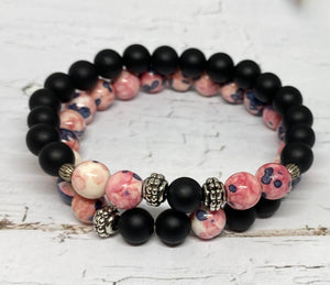 Matte Black and Pink Floral Stretch Bracelets