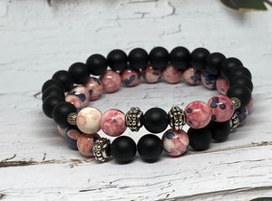 Matte Black and Pink Floral Stretch Bracelets