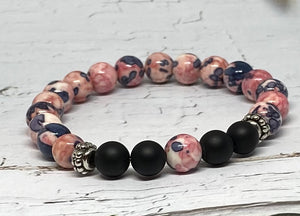 Matte Black and Pink Floral Stretch Bracelets