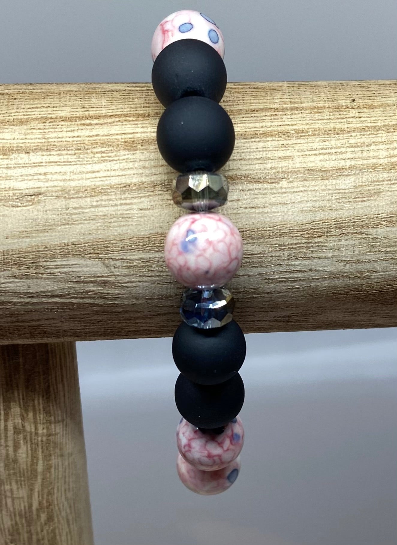 Matte Black and Floral Bracelet (Larger Beads)