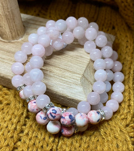 Rose Quartz & Rain flower Beaded Bracelet