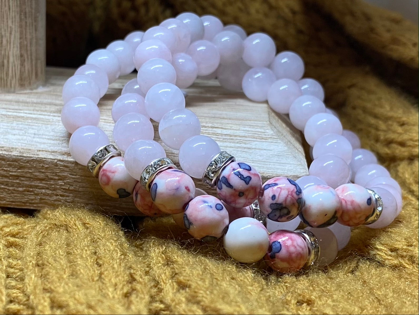 Rose Quartz & Rain flower Beaded Bracelet