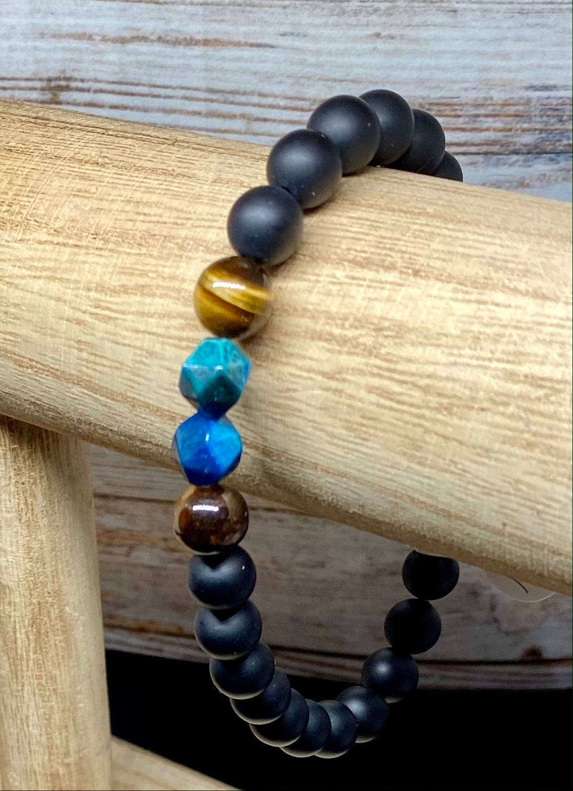 Matte Black with Blue and Yellow Tiger Eye Men's Bracelet