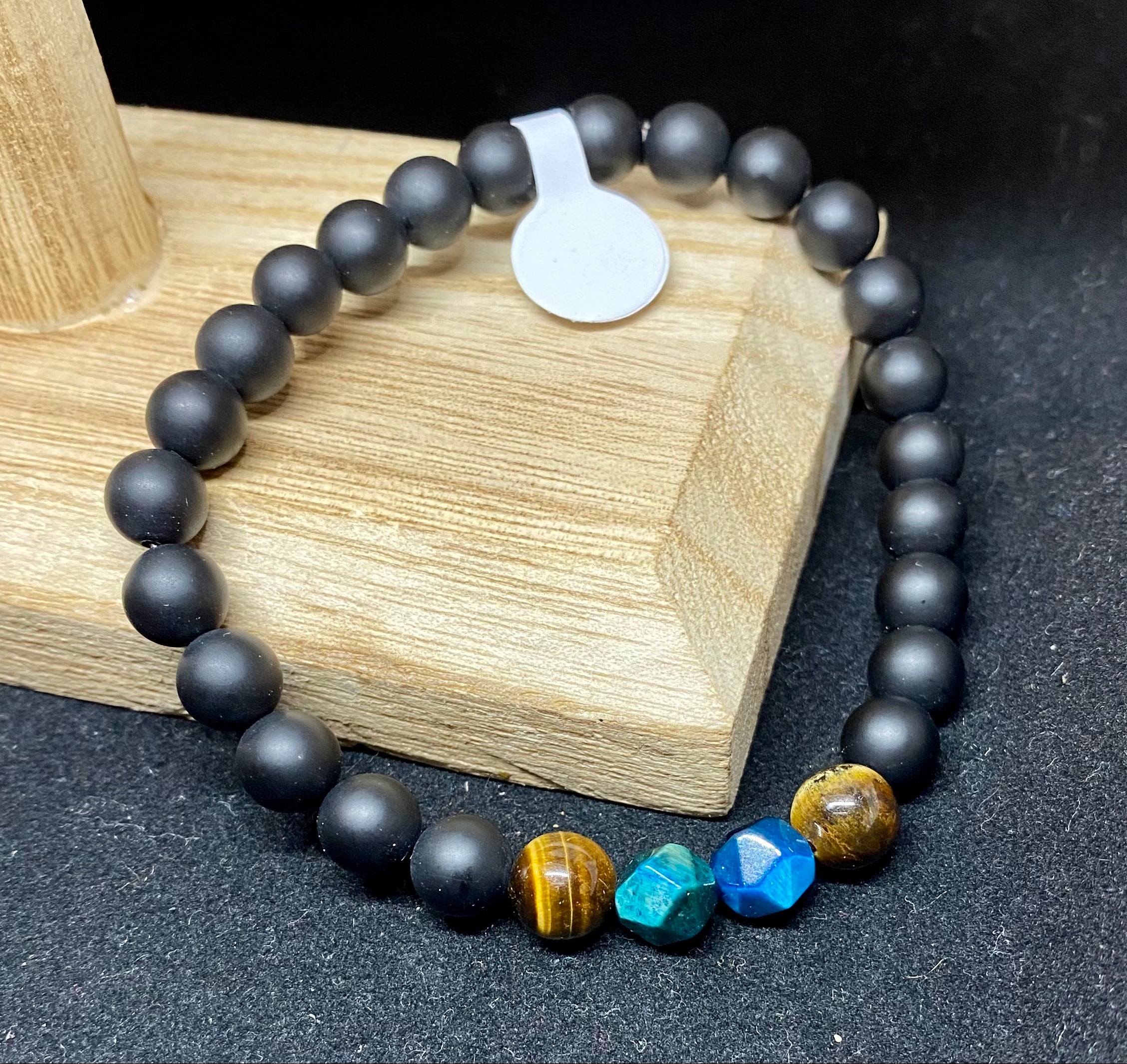 Matte Black with Blue and Yellow Tiger Eye Men's Bracelet