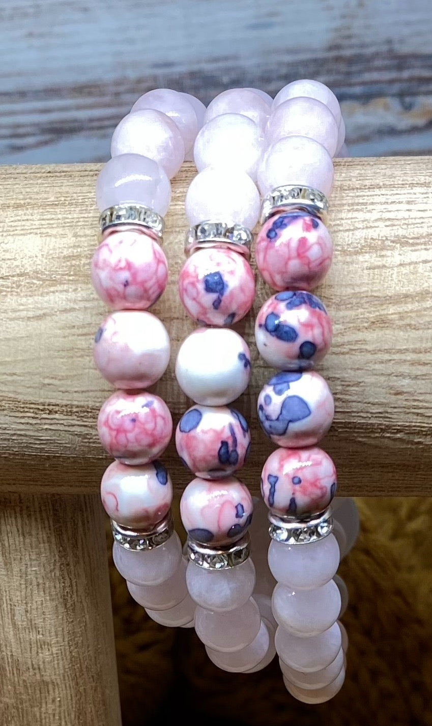 Rose Quartz & Rain flower Beaded Bracelet